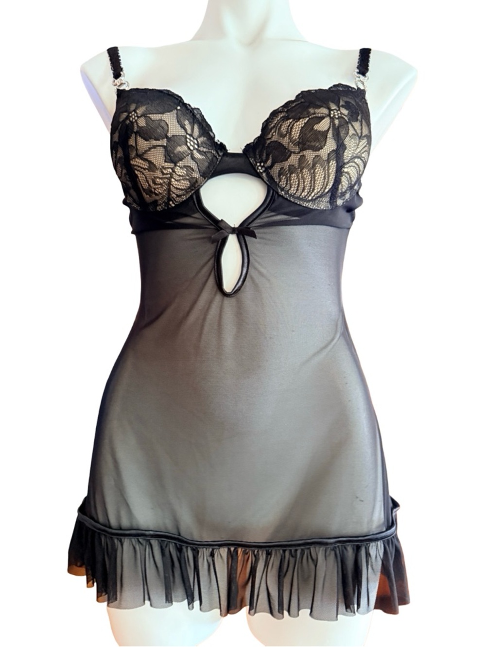 Popsi Lingerie Black Lace Mesh Babydoll Chemise Underwire Ruffle Hem Bow Sz S